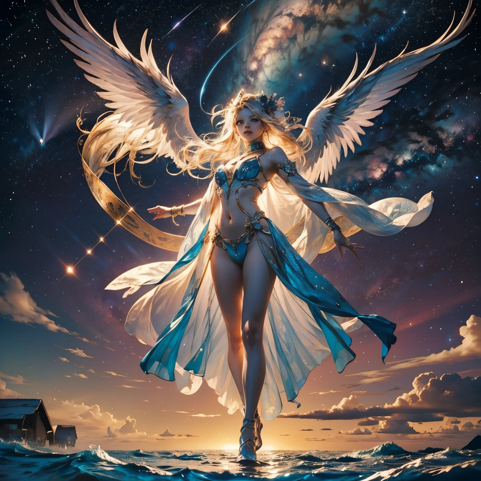 (Full Body Image: 2.0),Beautiful young angel with long white hair and wearing a sheer white robe,(Large angelic wings spread: 1.4),Angel with porcelain-like ethereal skin, floating in the air, shot from below emerging from the clouds with a stunning sunset sky in the background,(Highest Quality, 4k, 8k, High Resolution, Masterpiece: 1.2),Ultra Detailed,(Realistic, Photorealistic, Photorealistic: 1.37),Detailed face, Detailed eyes, Detailed lips, Highly detailed facial features, Porcelain skin, Dramatic lighting, Dramatic sky, Cinematic, Fantasy, Digital art, Exquisite details, Graceful, Heavenly, ice and water,ice,water,water ring
