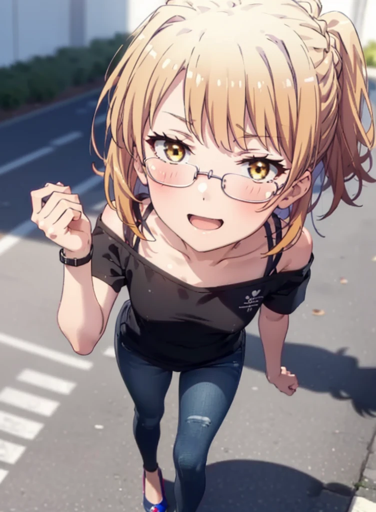 Irohaisshiki, isshiki iroha, Short Hair, Brown Hair, (Brown eyes:1.5), blush,ponytail,Squint both eyes,blush,Black-rimmed glasses,
happy smile, smile, Open your mouth,Cold Shoulder Shirt,Short sleeve skinny jeans,Stiletto heels,Daytime,Clear skies,Are standing,Put your right hand on your hip,whole bodyがイラストに入るように,Looking up from bottom to top,
break outdoors, School,courtyard,
break looking at viewer,whole body,
break (masterpiece:1.2), Highest quality, High resolution, unity 8k wallpaper, (figure:0.8), (Beautiful attention to detail:1.6), Highly detailed face, Perfect lighting, Highly detailed CG, (Perfect hands, Perfect Anatomy),