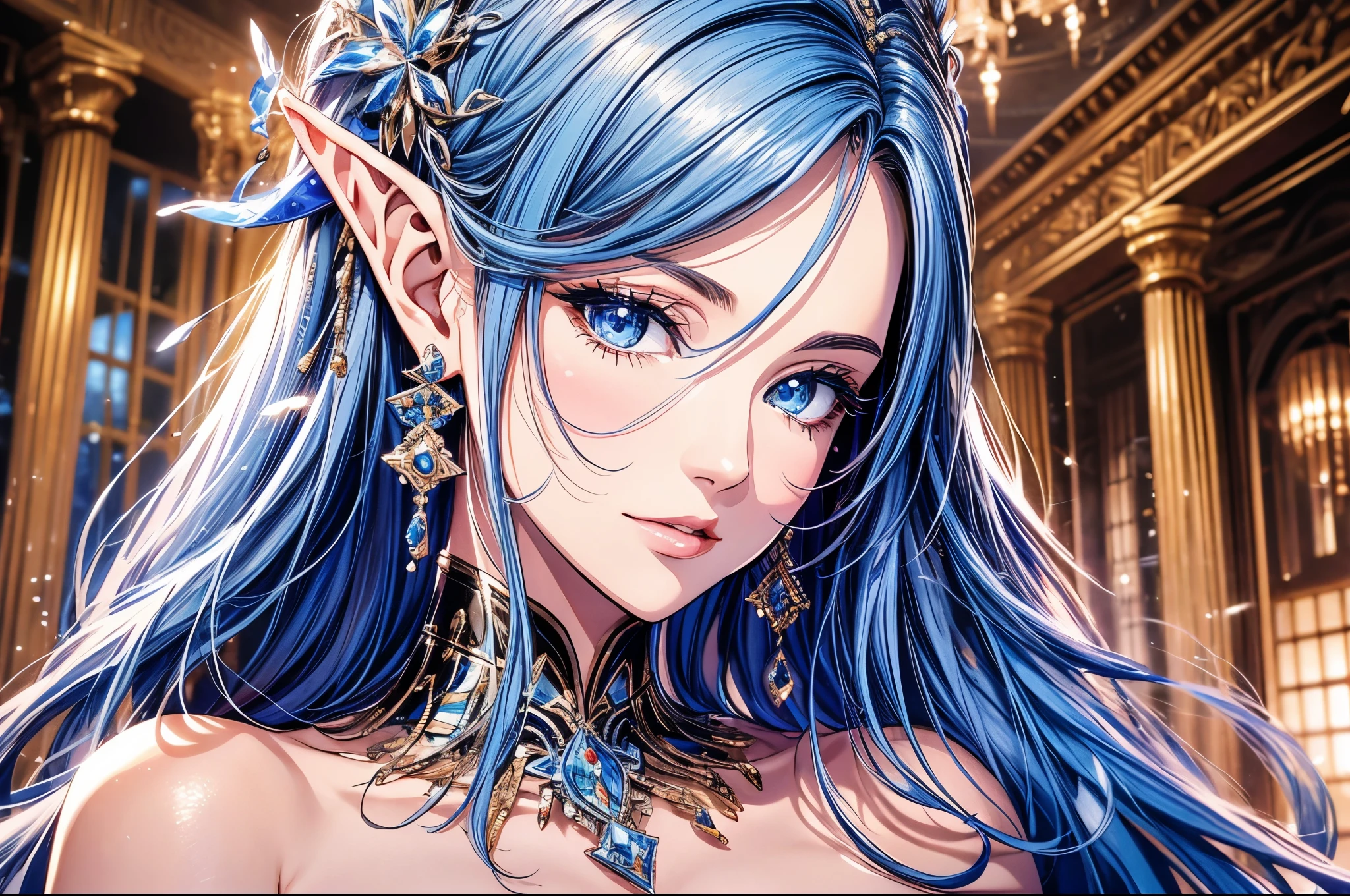 1 girl, Beautiful elf lady, begie blue Long straight hair, upturn elf pointy ears, sexy figure, charming cleavage, very beautiful face, detailed face, delicate eyes, detailed pupil, beautiful and delicate lips, pale skin, Serious, arrogant, absurd, gorgeous detailed dress, royalties, celebration, elegant, Noble, Bare shoulders, small crystal earrings, hand drawn animation, high detailed, palace banquet hall, symmetrical clothes, best quality, masterpiece, Fair,