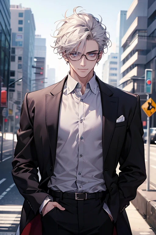 Best quality, masterpiece, ultra-detailed 4k, cinematic, college student, 185cm tall, handsome boy in his 20s, messy hair, white hair, parted hairstyle, violet eyes, ultra detailed eyes, wearing big glasses, looking at the viewer, casually standing, wearing casual modern attire, smiling, the focus should be on the character, High definition,