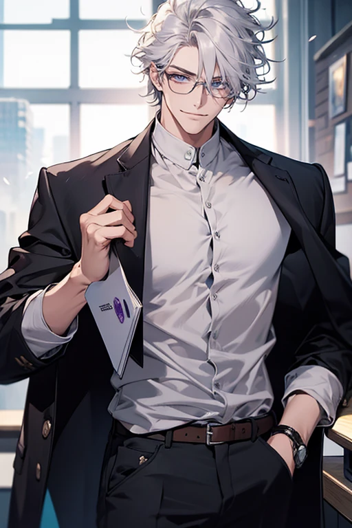 Best quality, masterpiece, ultra-detailed 4k, cinematic, college student, 185cm tall, handsome boy in his 20s, messy hair, white hair, parted hairstyle, violet eyes, ultra detailed eyes, wearing big glasses, looking at the viewer, casually standing, wearing casual modern attire, smiling, the focus should be on the character, High definition,