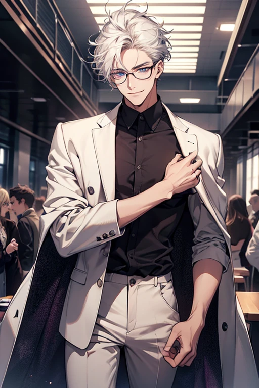 Best quality, masterpiece, ultra-detailed 4k, cinematic, college student, 185cm tall, handsome boy in his 20s, messy hair, white hair, parted hairstyle, violet eyes, ultra detailed eyes, wearing big glasses, looking at the viewer, casually standing, wearing casual modern attire, smiling, the focus should be on the character, High definition,