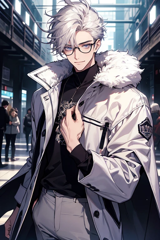 Best quality, masterpiece, ultra-detailed 4k, cinematic, college student, 185cm tall, handsome boy in his 20s, messy hair, white hair, parted hairstyle, violet eyes, ultra detailed eyes, wearing big glasses, looking at the viewer, casually standing, wearing casual modern attire, smiling, the focus should be on the character, High definition,