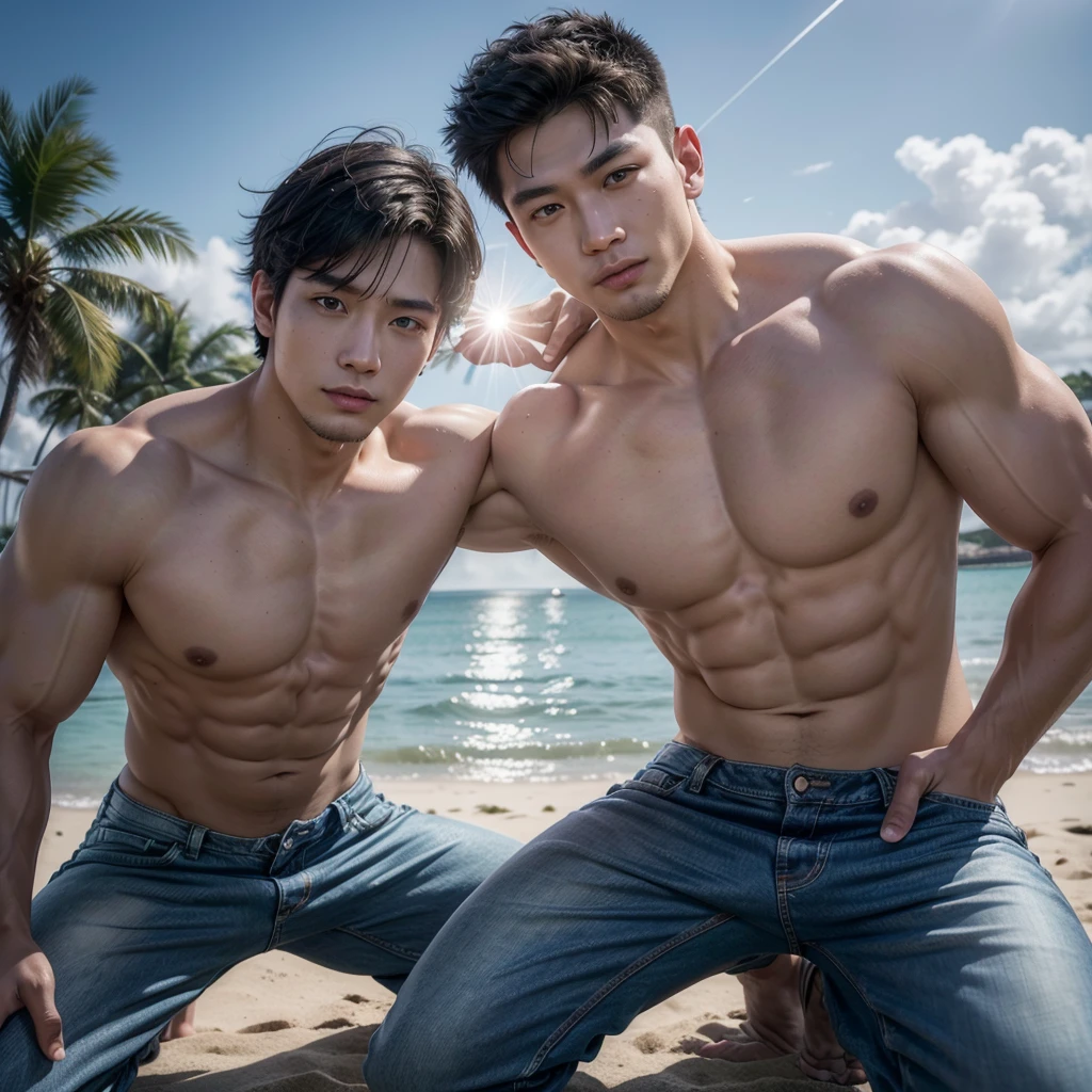 (work of art: 1.2),(CGI Art:1.3),(realisitic:1.5),(Post-processing:1.3), (sharp focus:1.3), 1 men, ssmile, Kneeling, (white hawaiian shirt), (jeans), Young Korean man , Korean Men, (High shadow detail), Pectoral muscles, Big arm muscles, blood vessel, big muscles, shoulder, Looking at the audience, balance eyes, seashore, beachfront, lighting sun, Run towards the camera..