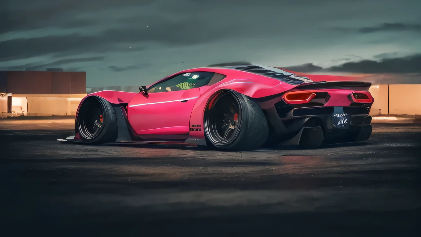 Supercar-forza game ready design, wide body, custom design build, cinematic, wide angle, studio light, tactical bodywork for supreme aerodynamics, (dirt neon grungy pink), broody and atmospheric, ominous sky, low light, vivid and gritty, retro futuristic sci-fi influences 