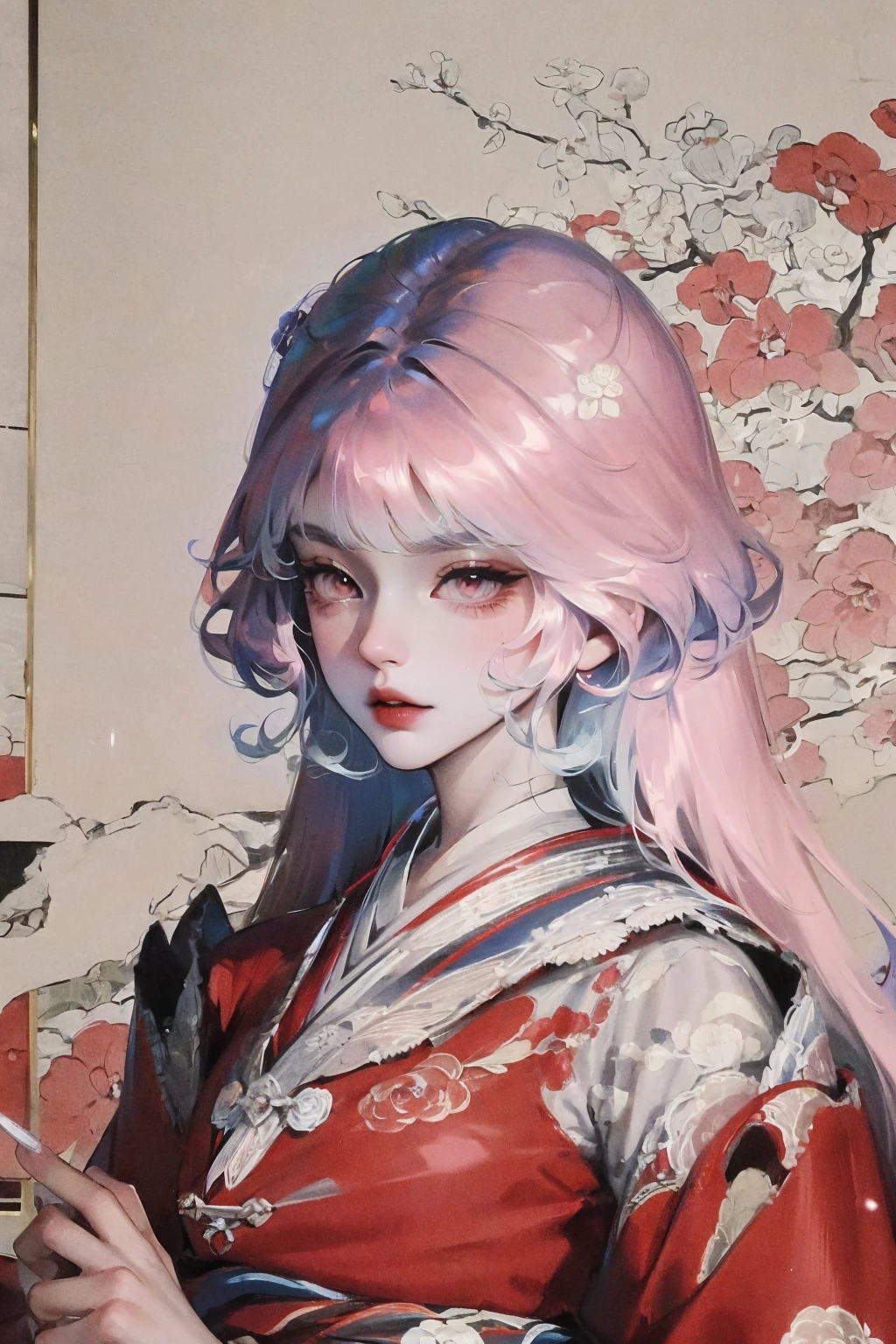 (Mythical Beast), Dynamic body shape, (Chinese Monster), Beautiful, Splattered ink, Chinese, 1 Girl, ((full body), ((2.5D)), Flowing hair, beautiful eyes, Delicate eyes, Delicate silhouette, art costume, (antique black and red brocade Hanfu), floral clothing, field of view, (masterpiece), front photo, white background, (poster), sharp, splash, cloud, petal, empty, sky, look at viwer