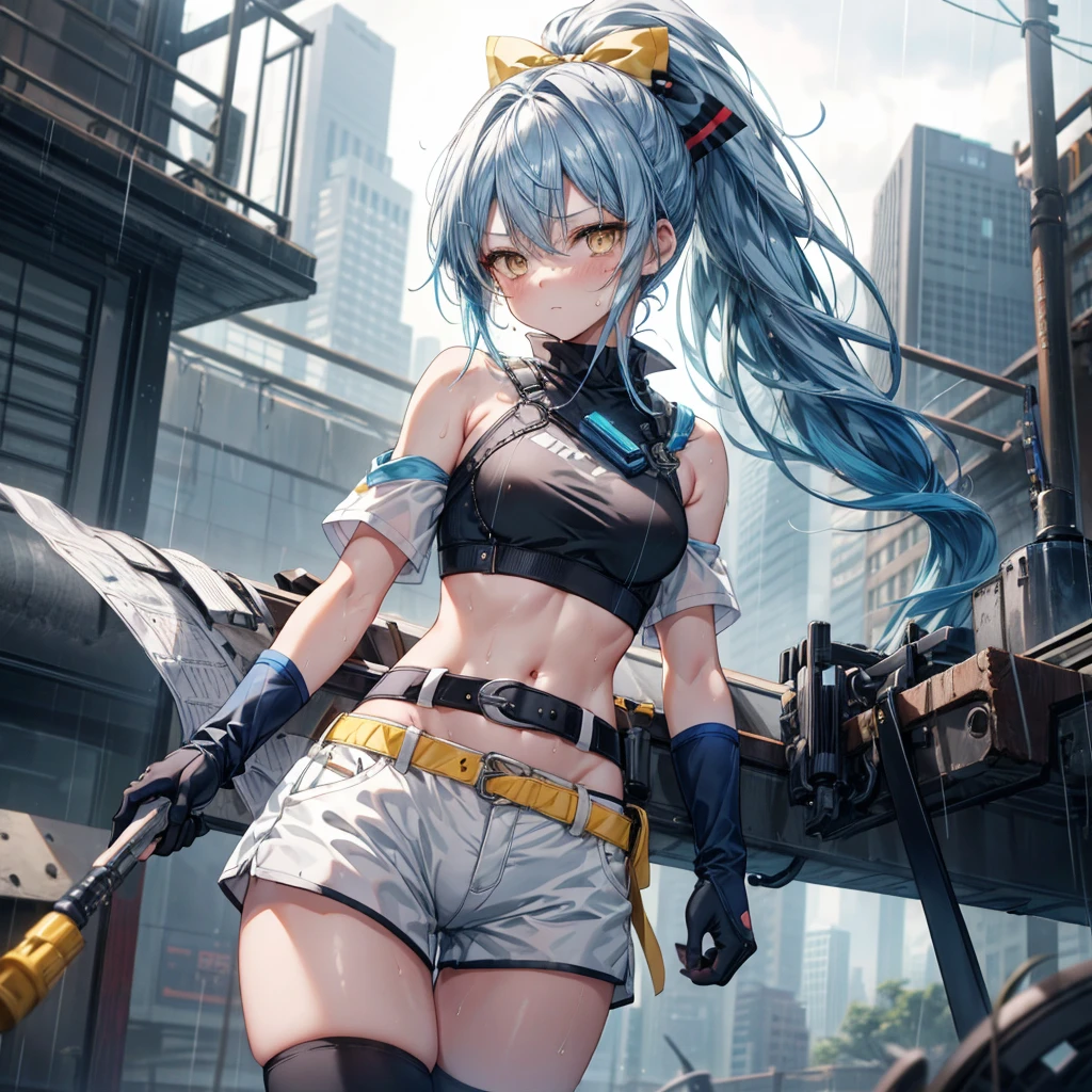 ((Highest quality,masterpiece,detailed,4K)), a girl with blue hair and a top with short sleeves holding a screw driver, 1girl, 独奏, mechanical parts, mecha musume, long hair, blue hair, navel, gloves, shorts, breasts, sweat, wrench, short shorts, very long hair, underwear, panties, holding, belt, arm up, ponytail, small breasts, blurry background, gray sky, rain, looking at viewer, black gloves, white panties, sports bra, wiping sweat, bow, bare shoulders, bangs, cowboy shot, yellow eyes, midriff, hair bow, (expressionless), face focus