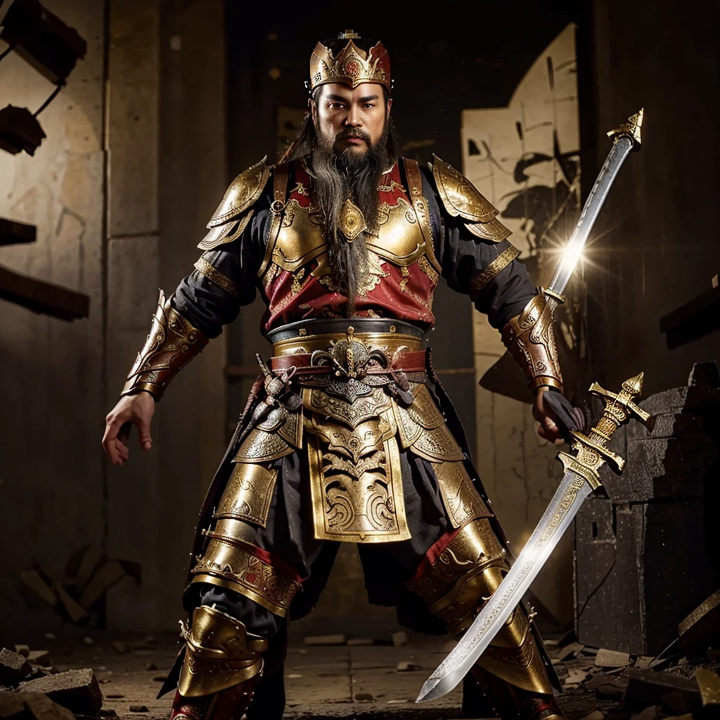 full body of ancient chinese warrior with gold and red armour, holding a huge sword, 2 hands at grip, with beard
