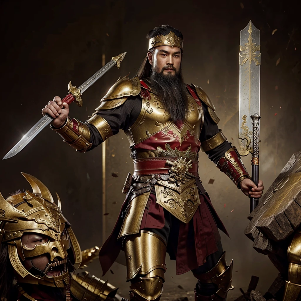 full body of ancient chinese warrior with gold and red armour, holding a huge sword, 2 hands at grip, with beard