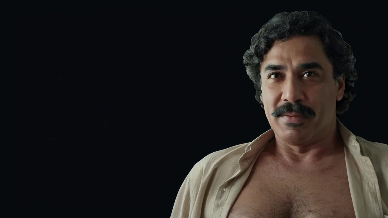 Malay middle-aged man, whole body exposed, dark brown skin, face like Tom Selleck, exposed chest, hairy chest, big genitals, standing proudly, background landscape of foggy pines forest, at morning light in wide angle, high resolution image