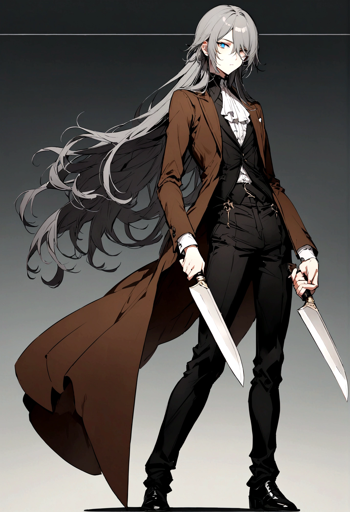 high quality,A young man who looks like an androgynous woman,I have long hair,Hair color is ash gray,This guy uses a cake knife as a weapon,Fight enemies with a cake knife,One eye is hidden by hair,White tops,Black trousers,Brown jacket,With blue eyes,Handsome,This person is ruthless,Leaner figure