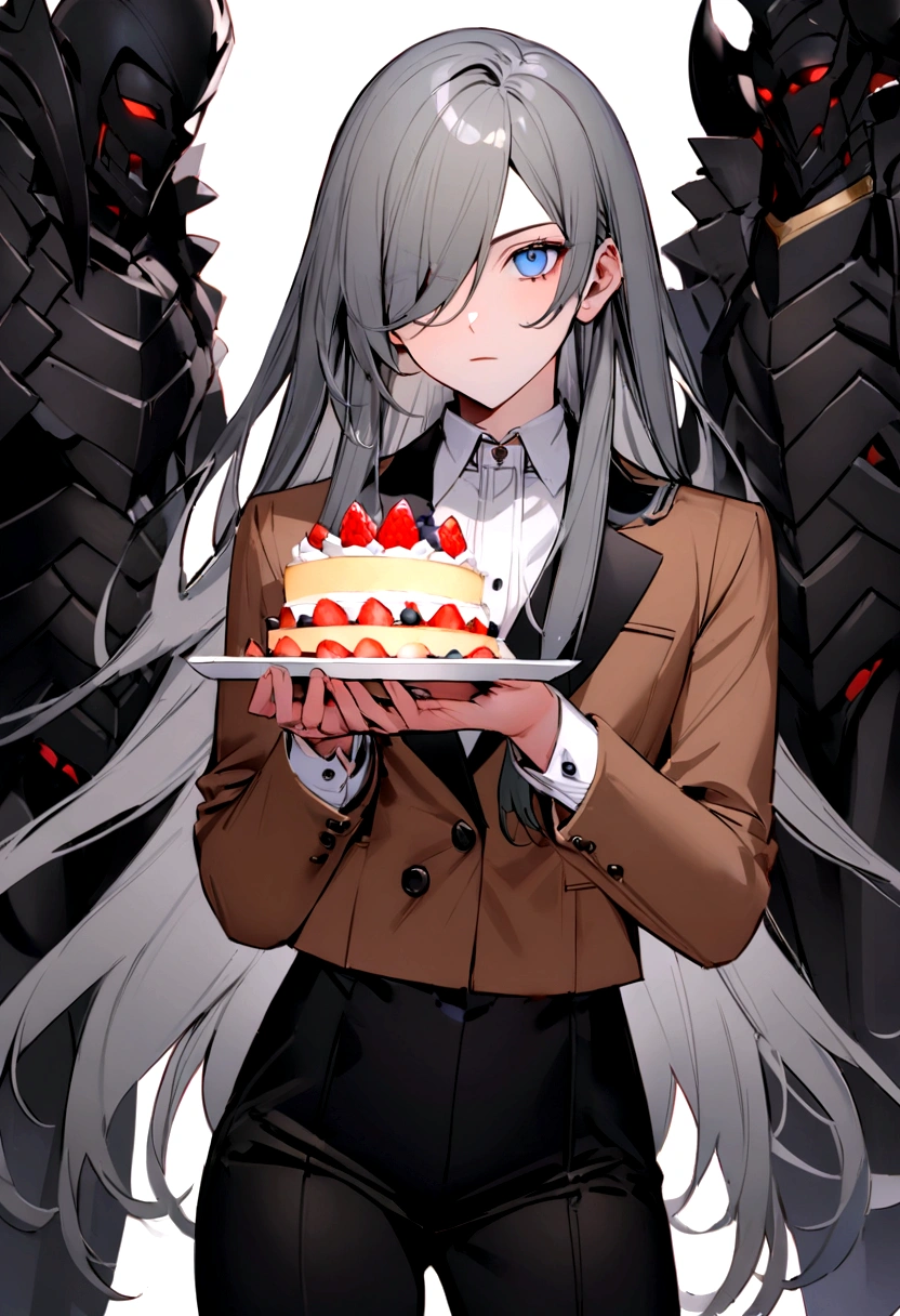 high quality,A young man who looks like an androgynous woman,I have long hair,Hair color is ash gray,This guy uses a cake knife as a weapon,Fight enemies with a cake knife,One eye is hidden by hair,White tops,Black trousers,Brown jacket,With blue eyes,Handsome,This person is ruthless,Leaner figure