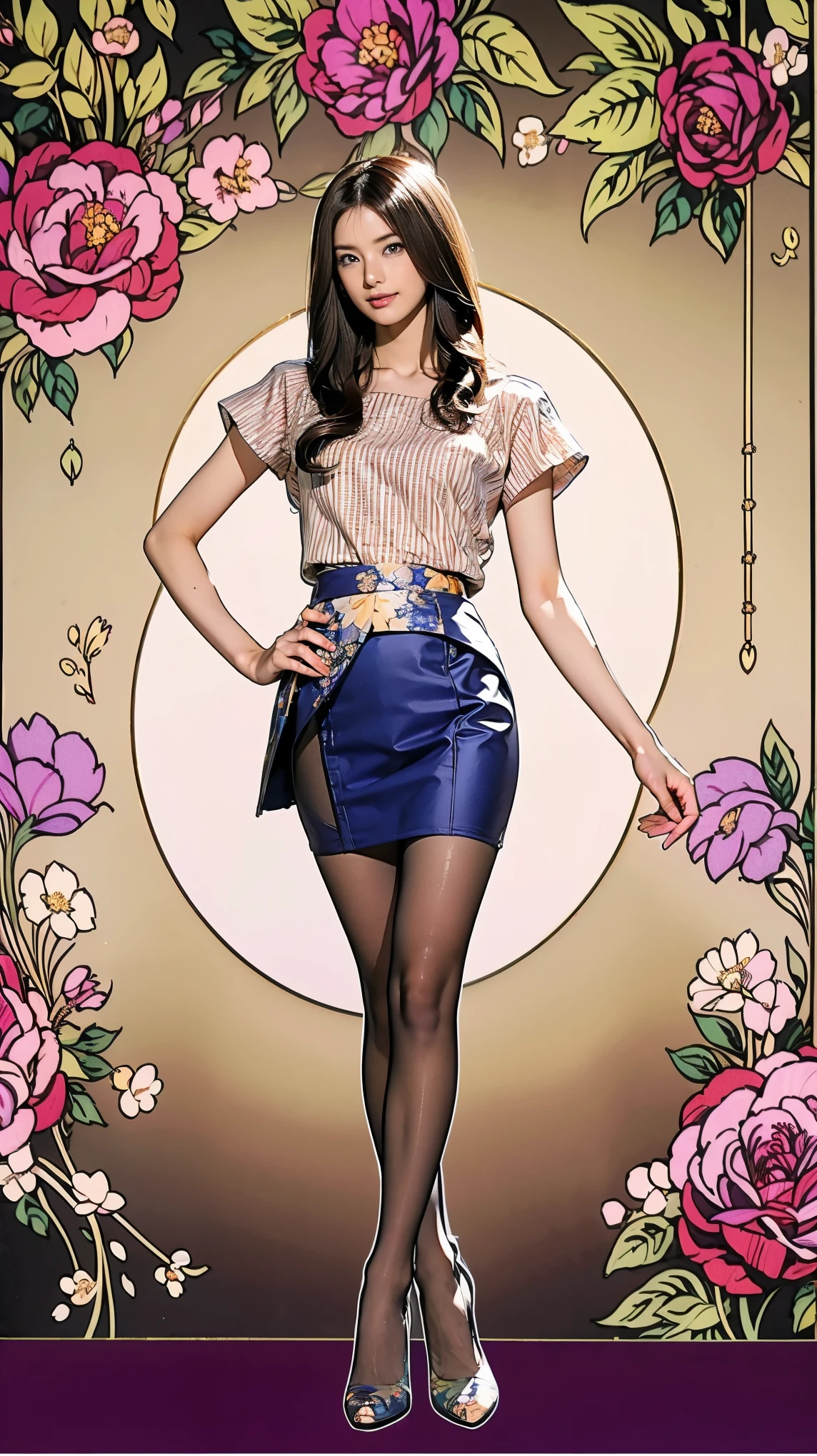 ((masterpiece)),(((Highest quality))),Thin thighs,Long legs,whole body:1.5，(One Girl:1.3),(Black pantyhose and thick pointy heels：1.3),(Wearing a mid-length flared skirt dress with a floral stripe pattern:1.2),Short blonde:1.2、Good pose：1.5
