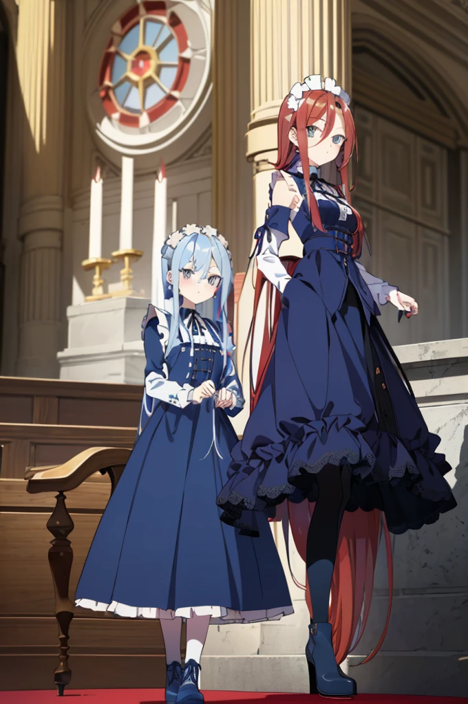 [(cathedral background:1.4)::5],original,(illustration:1.1),(best quality),(masterpiece:1.1),(extremely detailed CG unity 8k wallpaper:1.1), (colorful:0.9),(mid shot:0.95),(full body:1.5),Dynamic angle,(solo:1.2), (girl),((adult)), (detailed beautiful eyes:1.15), (beautiful face:1.15), (glowing red eyes:1.25////),((medium hair)),((split-color hair,red hair,blue hair)),(high twintails),(chignon),(+perfect hand+:1.21),(Draw an illustration of a gothic girl),(Religious),(slender),(is wearing boots on her feet),((is wearing white maid clothes)),(furious), Lace Off-shoulder lolita fashion,beautiful slender woman,high twintails,((split-color hair,red hair,blue hair)),((split-color hair,red hair,blue hair)),from side,((split-color hair,red hair,blue hair)),