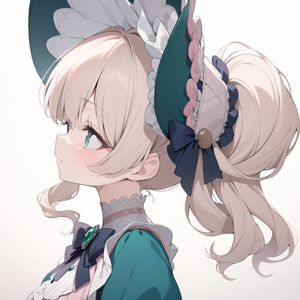Platinum Blonde hair,curls,((emerald green eyes)),long eyelashes,((light pink victorian dress)),puffy short sleeves,frilled dress,((wide brimmed Bonnet with bows)),bustshot,masterpiece,highress,soft smile,bishoujo,peterpan collar,profile,white accents,white trim,white frills,curly side ponytail,solo