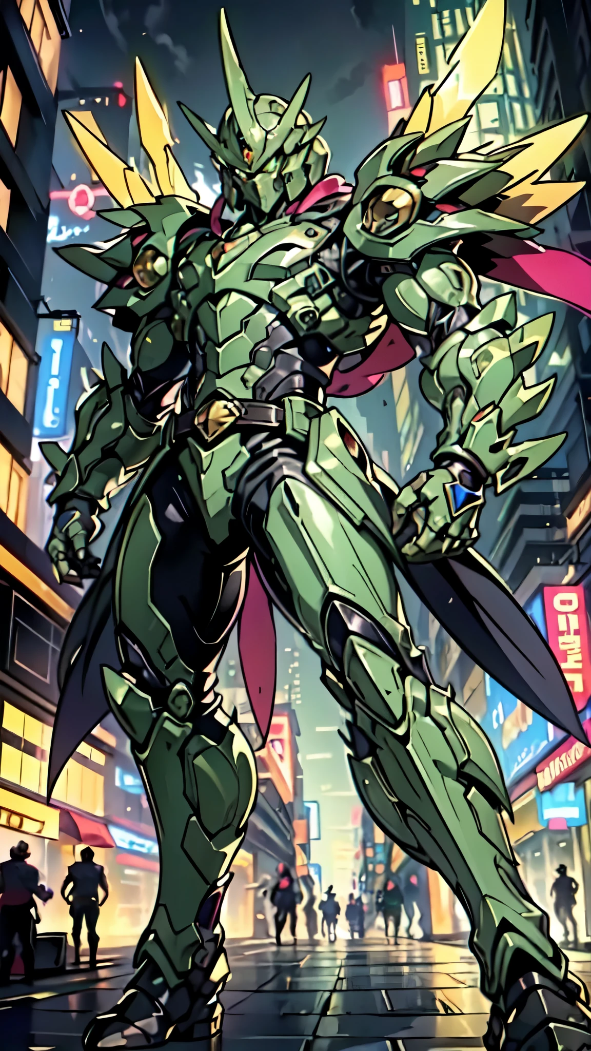 (masterpiece:1.5, best quality:1.5, extremely delicate:1.5, perspective:1.5, foreshortening:1.5, dynamic angle:1.5), a man wearing a full-face helmet, a fantasy-style biotech armored combat suit, green eyes, (a composite layered chest armor), fully enclosed shoulder guards, matching arm and leg guards, the belt is adorned with neon circuitry, (the color scheme is primarily black glow with green and red accents), the design balances heavy with agility, a high-tech bio-mecha armor, (Armor Concept Inspired by neon Cyberpunk, stand on the top of a skyscraper in a futuristic sci-fi city), this character embodies a finely crafted fantasy-surreal style armored hero in anime style, exquisite and mature manga art style, (battle damage, element, plasma, energy, the armor glows), ((male:1.5)), metallic, high definition, highres, ultra-detailed, ultra-fine painting, professional, perfect body proportions, golden ratio, anatomically correct, symmetrical face, extremely detailed eyes and face, high quality eyes, creativity, RAW photo, UHD, 32k, Natural light, cinematic lighting, masterpiece-anatomy-perfect