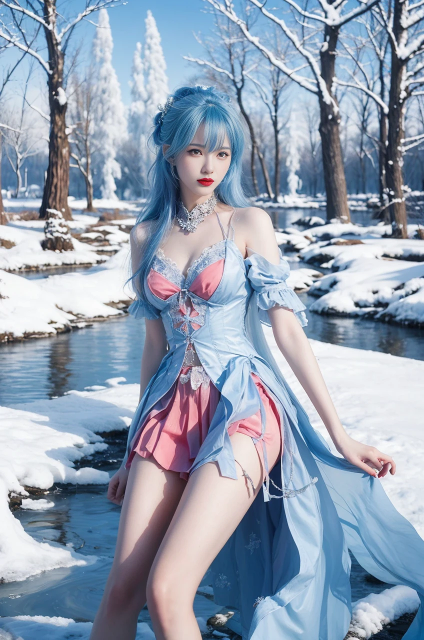woman sitting in the snow wearing a light blue dress, pale, snow-white skin, perfect light blue hair girl, glowing white skin, beautiful seductive anime woman, goddess of winter, Guweiz, artwork in the style of guweiz, winter princess, genshin impact eula, sexy thick legs, big boobies, great resolution. she wears a black scarf tiara, on the tiara there is a small blue flower.