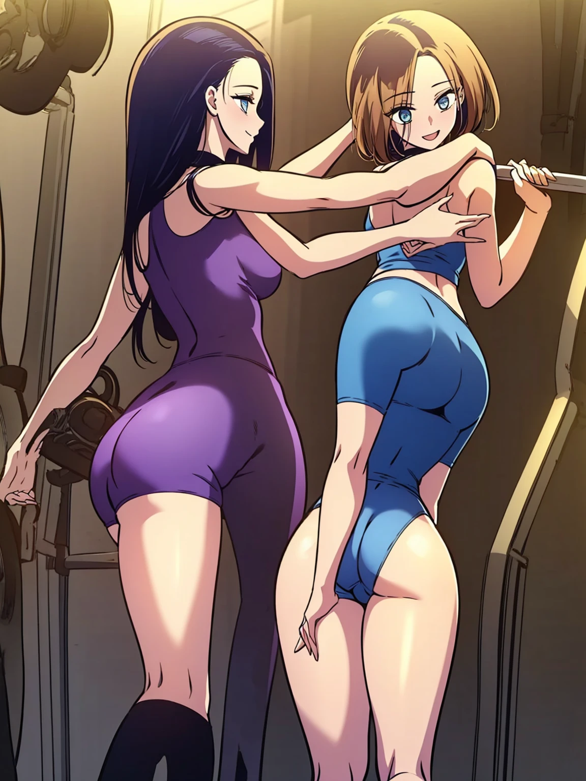(masterpiece, best quality), best resolution, (2heads:1.5), 1girl, slender athletic, blue hair, indigo eyes, blue hot pants, purple sports bra, standing pose, happy, energetic, gym background