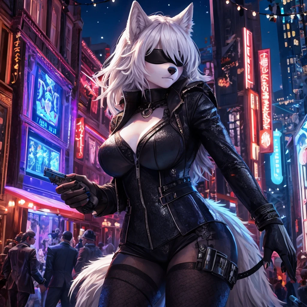 a single wolf girl with a black suit standing in middle of the night with a gun, 1girl, humanoid, anthro girl, furry girl, wolf ears, white hair, black blindfold, night in the city, poker face, no eyes, black suit, voluptuous, beautiful background, 4k, insanely detailed, beautifully lit, masterpiece, best quality, ultra-detailed