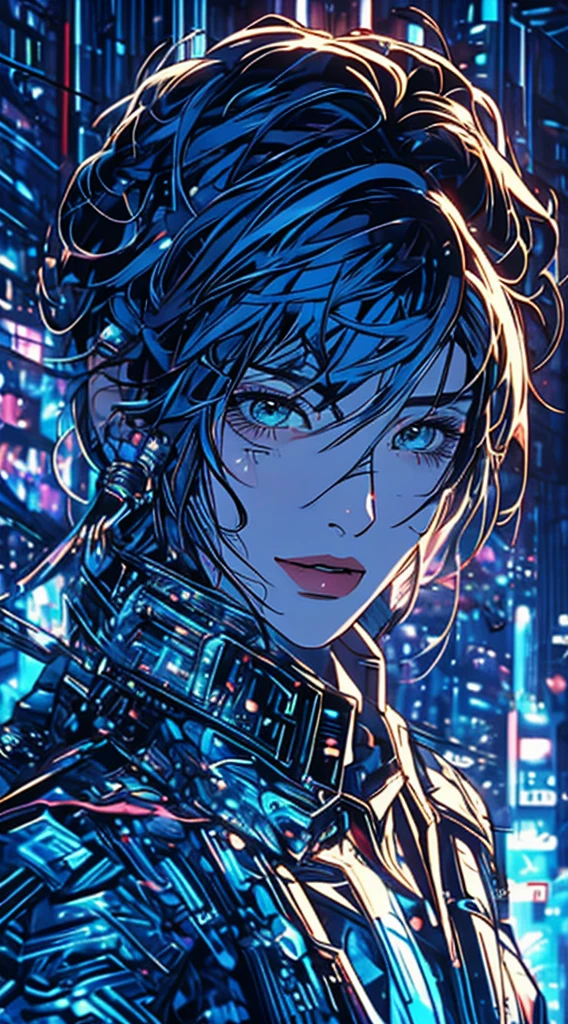 there is a woman with blue hair and a jacket, hyper-realistic cyberpunk style, realistic art style, Retrato ciberpunk, 🤤 portrait of , cyberpunk artstyle, cyberpunk anime digital art, Retrato de RossDraws, garota cyberpunk sonhadora, the cyberpunk portrait of , portrait of cg society, cyberpunk style , hyper realist, realism art style, photorealistic art style, rossdraws pastel vibrante, smiling