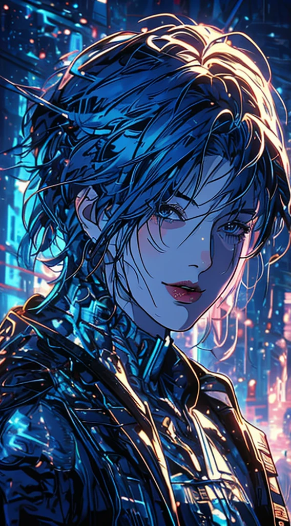there is a woman with blue hair and a jacket, hyper-realistic cyberpunk style, realistic art style, Retrato ciberpunk, 🤤 portrait of , cyberpunk artstyle, cyberpunk anime digital art, Retrato de RossDraws, garota cyberpunk sonhadora, the cyberpunk portrait of , portrait of cg society, cyberpunk style ， hyper realist, realism art style, photorealistic art style, rossdraws pastel vibrante, smiling