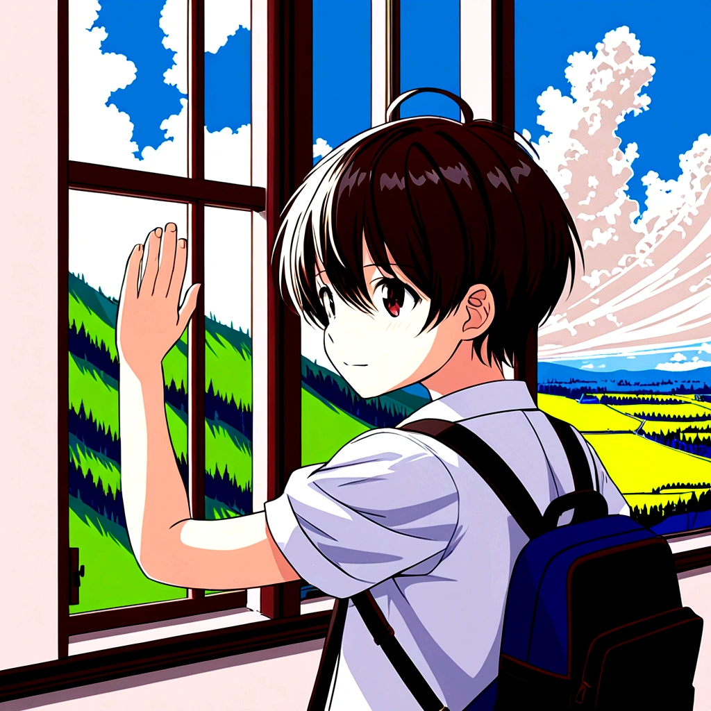 Create an image where the boy is walking down the street sidewalk , the urban city in the background.