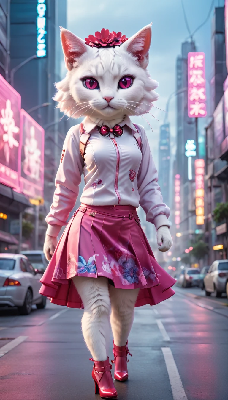 A white cat wearing an urban pink flared skirt and shirt. She has a red flower hair accessory on her head. She is wearing red high heels. She is standing on the road in a high-tech cityscape with neon lights and holographic signs. The background has a modern, cyberpunk, high-tech feel. Lovely digital painting, 3D rendering, bright lighting, vibrant colors.