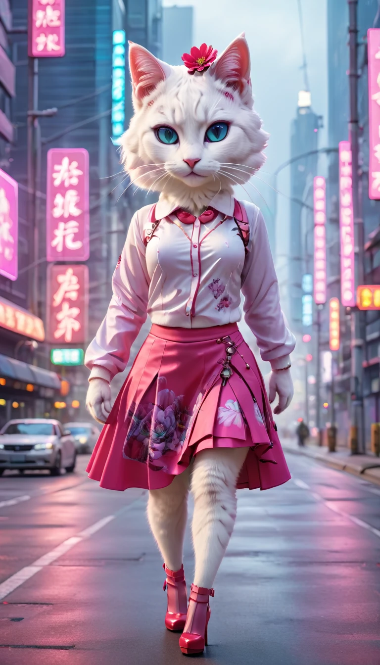 A white cat wearing an urban pink flared skirt and shirt. She has a red flower hair accessory on her head. She is wearing red high heels. She is standing on the road in a high-tech cityscape with neon lights and holographic signs. The background has a modern, cyberpunk, high-tech feel. Lovely digital painting, 3D rendering, bright lighting, vibrant colors.