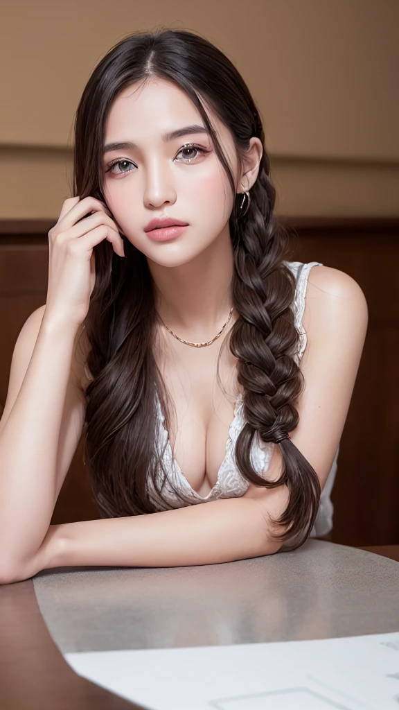 very detailed、masterpiece、highest quality、Ultra high decomposition energy A、High resolution in 8K、Transparency that looks great in photoine eyes、Gradation、Anatomically perfect body proportions, Hard disk、NSFW , Nikon Z9 80mm lens, table top、dental malocclusion, too bright natural light、sunlight、beautiful alignment , (TİTS:1.8)、Attitude that attracts students、yes、NSFW、thin eyebrows、not enough eyes、wavy long hair、braided hair、detailed nose、detailed mouth、detailed ears、golden ratio face、(attractive appearance)、(Curvaceous)、(I'dealing with percentages)、long neck、Eye of Lashaig、(((Light up your face、look at the audience、captivate your audience、、eye highlights)))、(Photoreal:1.4), Shadow、(best image quality:1.0), (ultra high resolution:1.0), 8K, RAW photo, (masterpiece:0.2), Curvaceous、seductive pose、When you shine light on your face, brightened、(Headless female tutor teaching students, no shoulder sweater..:1.6)、(I's Room:1.6)