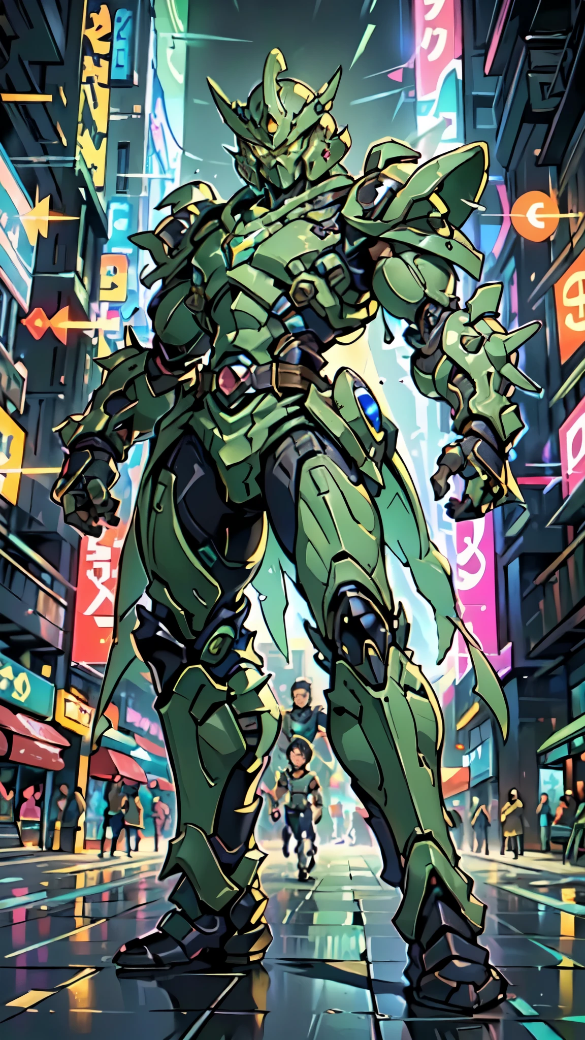 (masterpiece:1.5, best quality:1.5, extremely delicate:1.5, perspective:1.5, foreshortening:1.5, dynamic angle:1.5), a man wearing a full-face helmet, a fantasy-style biotech armored combat suit, green eyes, (a composite layered chest armor), fully enclosed shoulder guards, matching arm and leg guards, the belt is adorned with neon circuitry, (the color scheme is primarily black glow with green and red accents), the design balances heavy with agility, a high-tech bio-mecha armor, (Armor Concept Inspired by neon Cyberpunk, stand on the top of a skyscraper in a futuristic sci-fi city), this character embodies a finely crafted fantasy-surreal style armored hero in anime style, exquisite and mature manga art style, (battle damage, element, plasma, energy, the armor glows), ((male:1.5)), metallic, high definition, highres, ultra-detailed, ultra-fine painting, professional, perfect body proportions, golden ratio, anatomically correct, symmetrical face, extremely detailed eyes and face, high quality eyes, creativity, RAW photo, UHD, 32k, Natural light, cinematic lighting, masterpiece-anatomy-perfect