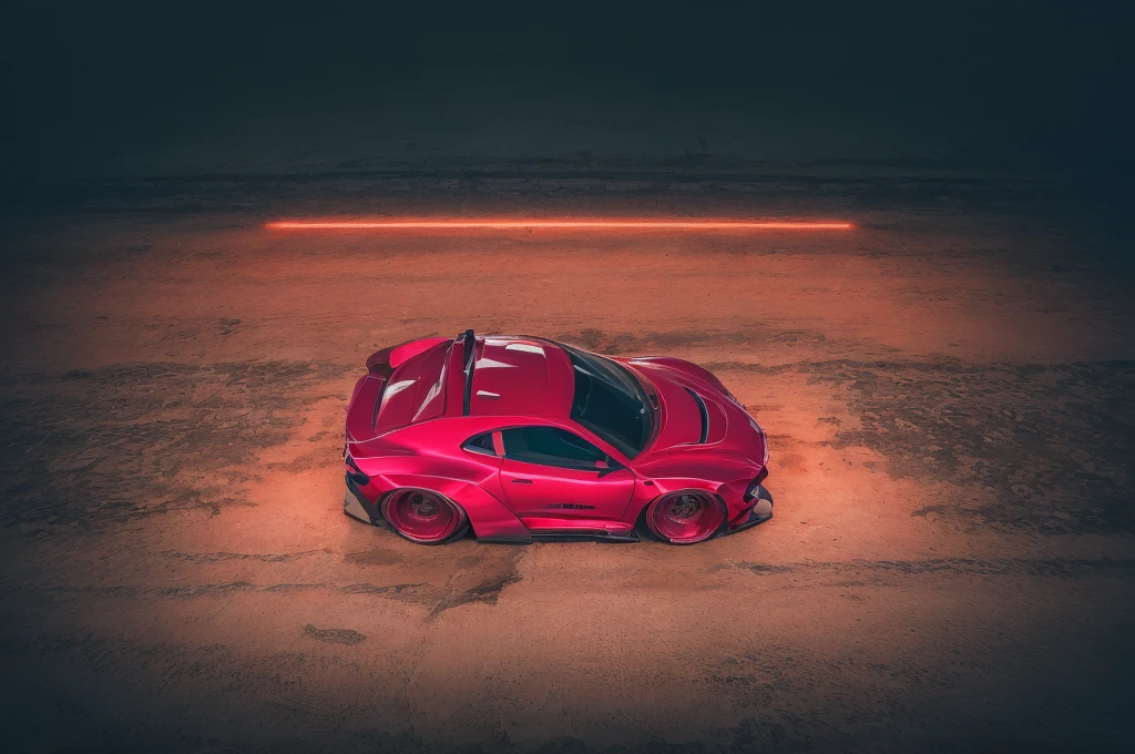 Supercar-forza game ready design, wide body, custom design build, cinematic, wide angle, studio light, tactical bodywork for supreme aerodynamics, (dirt neon grungy pink), broody and atmospheric, ominous sky, low light, vivid and gritty, retro futuristic sci-fi influences 