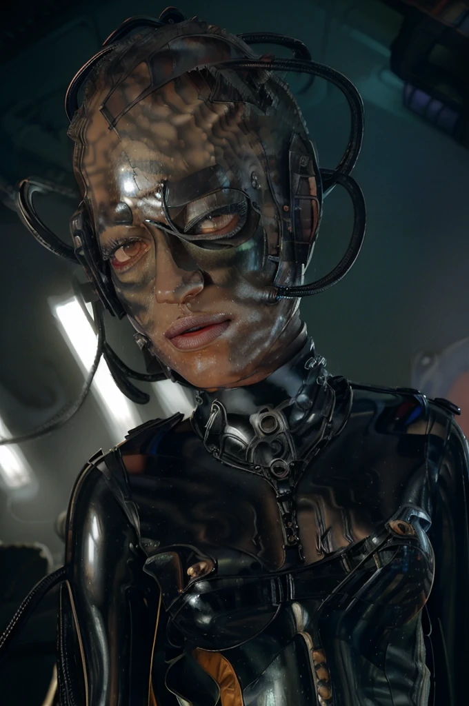 (tawny newsome:1.2), (black skin:1.2), (liquid metal girl
 sttldunf uniform:1.2), (Liquid Metal sttldunf uniform:1.2) being assimilated by  Borg, robotic, right arm, and right eye
ballgag, leather catsuit, belt, lying, prisoner, (best quality,4k,8k,highres,masterpiece:1.2),ultra-detailed,(realistic,photorealistic,photo-realistic:1.37),dark moody lighting,dramatic chiaroscuro,cinematic, (portrait:1.2)