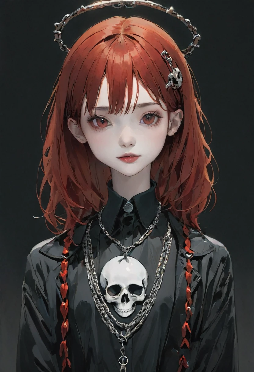 RAW Photos, Realistic、Ultra-realistic, 16-year-old punk girl, six heads tall, red hair, black and white outfit, chains, skulls, spooky cute, dark red background, manga style, gothic, edgy, black halo, charming expression, illustration, Halloween vibes, clear outlines, Halloween logos, designed text, stylish poster appearance, Neat and clean, Highest quality, masterpiece, Ultra-high resolution, 8K