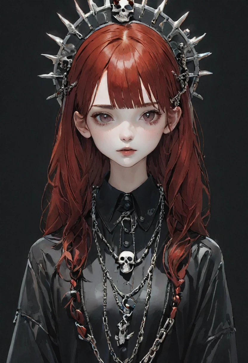 RAW Photos, Realistic、Ultra-realistic, punk girl, six heads tall, red hair, black and white outfit, chains, skulls, spooky cute, dark red background, manga style, gothic, edgy, black halo, charming expression, illustration, Halloween vibes, clear outlines, Halloween logos, designed text, stylish poster appearance, Neat and clean, Highest quality, masterpiece, Ultra-high resolution, 8K