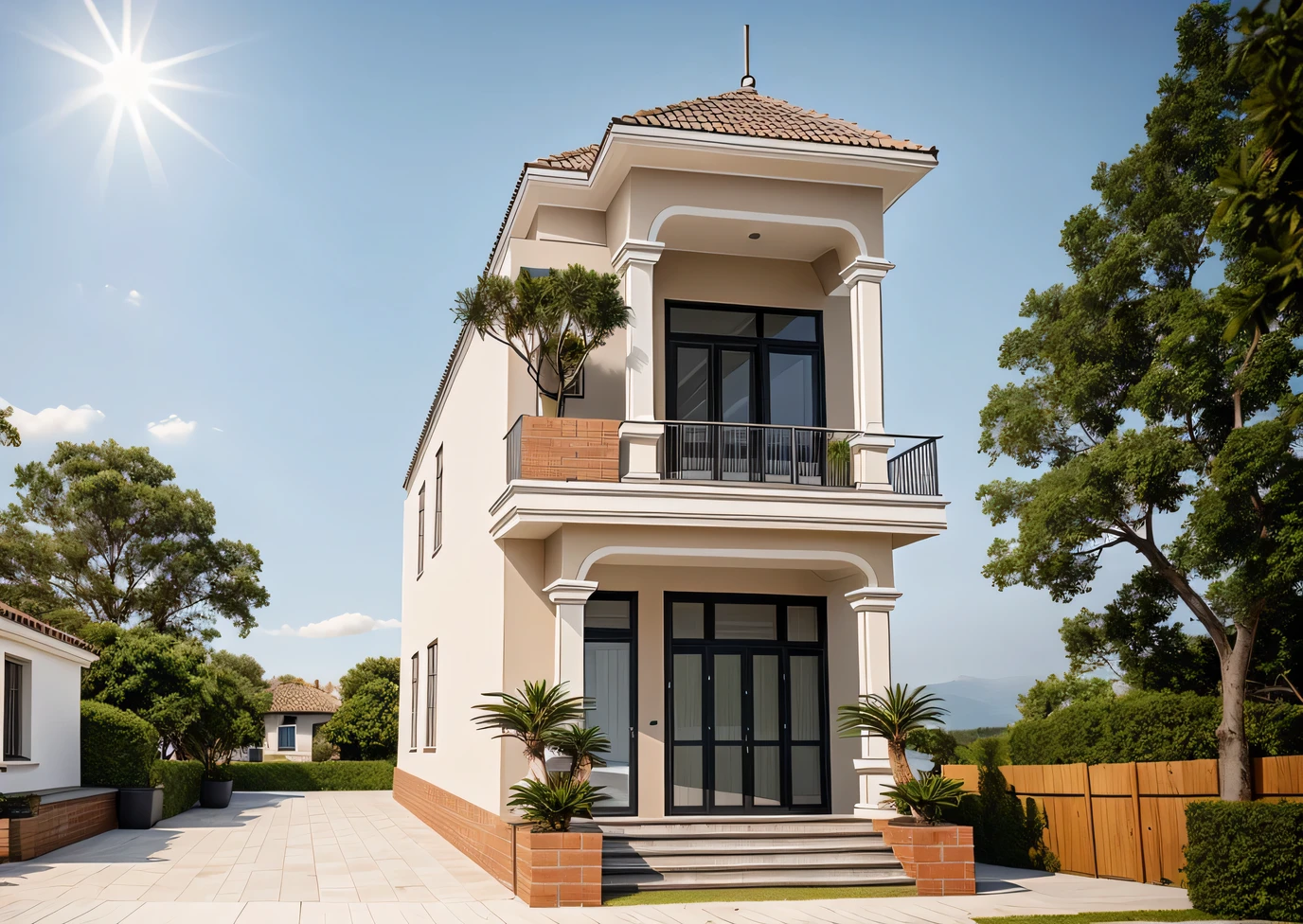 PLATFORM KTHOUSE, 1 neoclassical villa, main materials of the villa: light gray wall construction: 1.2 and stone: 1.2, 1 large yard, 1 running track in front of the house, (RAW photo, real, best quality, great effects:1.2 ), blue sky :1.3, (super realistic, photo-realistic:1.2), high quality, (sunrise light:1.3), perfect lighting, Archdaily