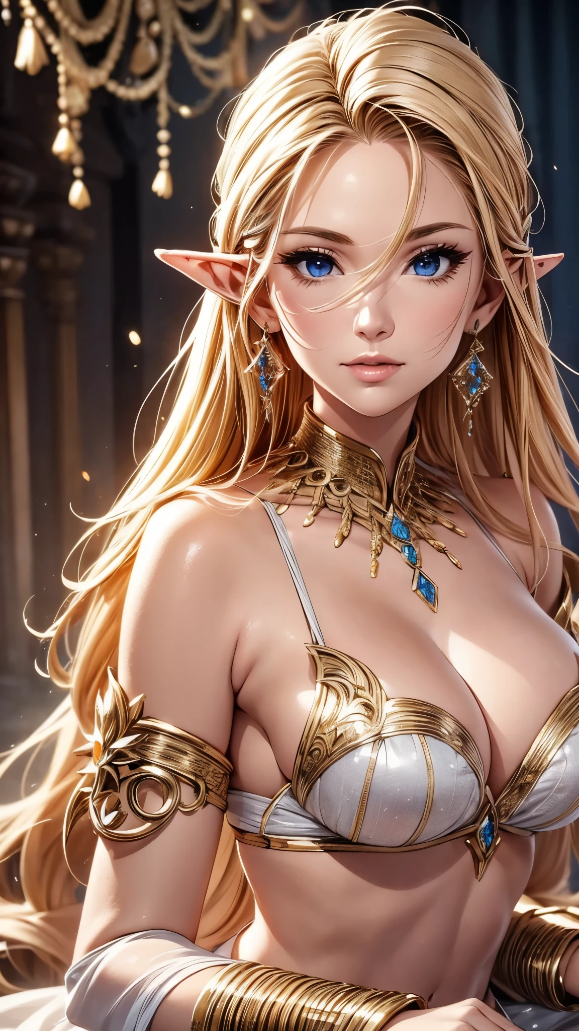 1 girl, Beautiful elf lady, begie blonde Long straight hair, upturn elf pointy ears, sexy figure, perfect breast, charming cleavage, very beautiful face, detailed face, delicate eyes, detailed pupil, beautiful and delicate lips, pale skin, Serious, arrogant, absurd, White gorgeous detailed dress, royalties, celebration, elegant, Noble, Bare shoulders, small crystal earrings, hand drawn animation, high detailed, palace banquet hall, symmetrical clothes, best quality, masterpiece, Fair, Octane Render