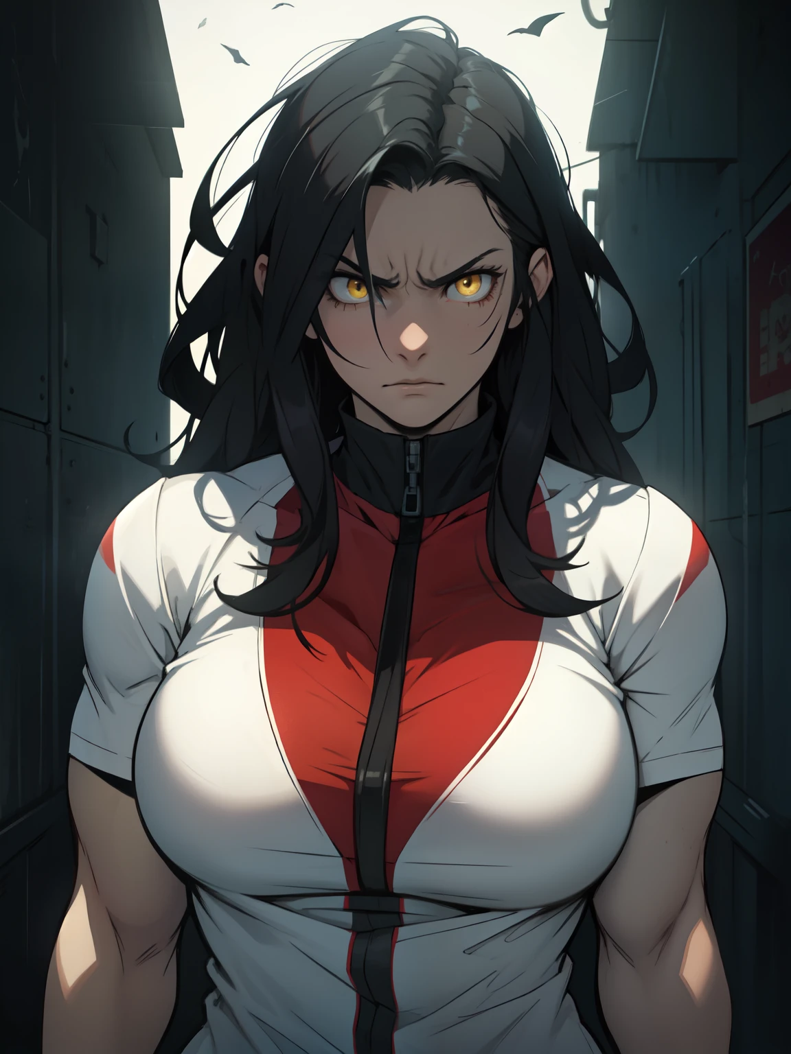 sweaty girl empty eyes messy hair massive hair black hair yellow eyes giant muscles massive breasts pale skin