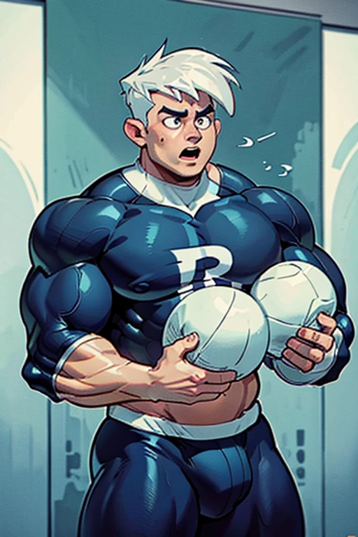 Danny Phantom and Dash Baxter, football stadium background, ghost, hypnosis, jock, conversion, locker room hallway, hyper muscles, jockstrap, bro, meathead, hypnotized, brainwashed, brainwashing, big dumb jock, football. Glowing blue eyes. Hyper crotch bulge. Massive bulging crotch. Big balls. Big biceps. Big triceps. Big traps. Broad shoulders. Big meaty pecs. Big thighs. Thick glutes. Hyper muscles. crew cut. Football team assimilation. Well endowed. Clothes turning into Casper High School football uniform. Danny Fenton looks shocked and gradually transitions to a dull vapid expression instead as his eyes glow. Fellow football players lay gloved hands on his shoulder pads. "Gah! What happened to me? I look like a—! Like a ... BIG ... DUMB ... JOCK...." Open mouth. Blank stare. digital painting. Very detailed. Vapid stare. Dumber and dumber. Brain drain. Dash Baxter smirks and says, "That's because that is what you are now, Fenton. You're gonna be just like us. And you're gonna love every minute of it." Danny replies, "Love ... being ... a jock.... Big ... dumb ... studly ... football jock.... Must protect the QB...."