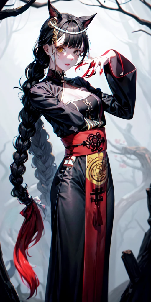 lora:flat:-1.2, masterpiece, best quality, 4k, 8k, 1 woman, solo, tall stature, long hair, blunt bangs, side braid, black hair, ugly face, bad face, bad eyes, droopy eyes, unclear eyes, ruby red eyes, lemon yellow eyes, pale skin, black eyeliner, black eye shadow, heterochromia, slender frame, sad, ofuda, jiangshi costume:1.2, fang, horror, coffin, forest, dark night, stormy weather, fog, from front, cowboy shot, look at viewer, paw pose,