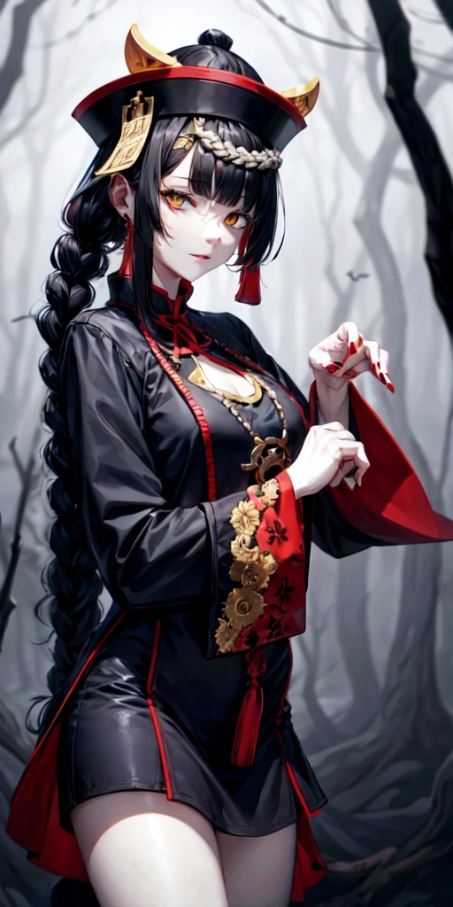 lora:flat:-1.2, masterpiece, best quality, 4k, 8k, 1 woman, solo, tall stature, long hair, blunt bangs, side braid, black hair, ugly face, bad face, bad eyes, droopy eyes, unclear eyes, ruby red eyes, lemon yellow eyes, pale skin, black eyeliner, black eye shadow, heterochromia, slender frame, sad, ofuda, jiangshi costume:1.2, fang, horror, coffin, forest, dark night, stormy weather, fog, from front, cowboy shot, look at viewer, paw pose,