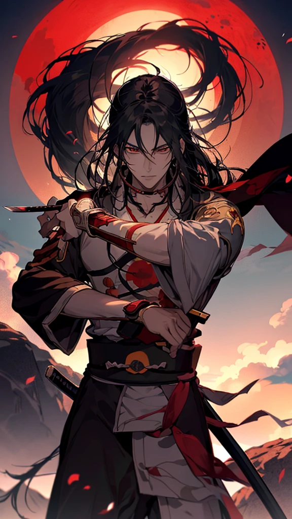 absurdres, highres, ultra detailed, HDR, master piece, best quality, extremely detailed face, delicated features, Xue Yu, untamed spiky hair, black hair, long hair, hair between the eyes, expressive red eyes, Thousand Years War, solo, sexy man, holding a sword in his right hand, handsome, toned chest, black haori, red fantasy robes, accessories, spider lilies patterns, red moon, red blood water, fantasy, magic, envy magical, red trees, forest, red dust, red lanterns, red fire, red floating round lights, Jujutsu Kaisen