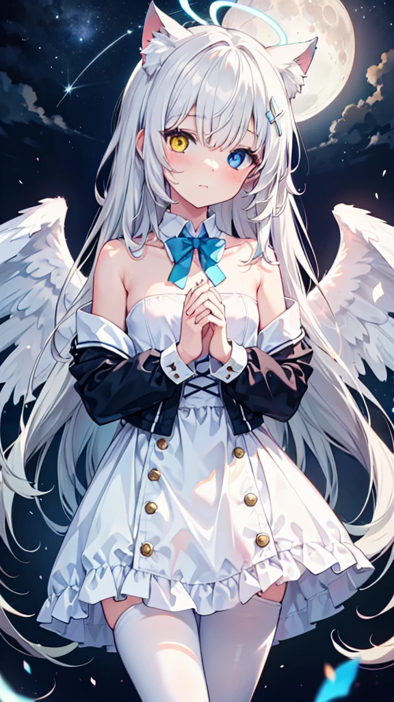 White hair，Long hair，Cat ear，Heterochromia blue-yellow，female face，There are bright spots in the eyes，Female hands，White little hands，Normal fingers，flat chest，Solitary，blue halo，On an island in the sky，Day and night mix，Angel Wings，White pantyhose，moon，Hands together