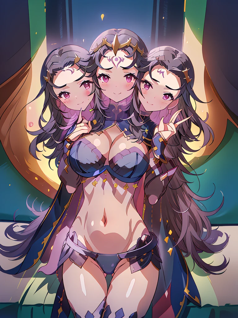 cowboy shot, (3heads:1.5) upper body, smile,closed mouth,holding book,open book,nyx, (bodystocking:1.2), mouth veil, cape, forehead mark, huge breasts, open belly, facial mark, panties, covered navel, tiara, see-through, underwear, bridal gauntlets, thighhighs,cleavage,outdoors,(masterpiece, best quality, ultra-detailed, best shadow)