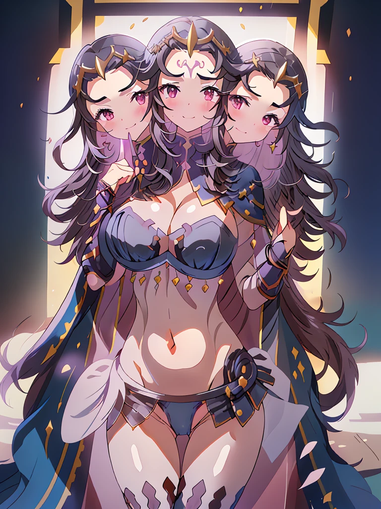 cowboy shot, (3heads:1.5) upper body, smile,closed mouth,holding book,open book,nyx, (bodystocking:1.2), mouth veil, cape, forehead mark, huge breasts, open belly, facial mark, panties, covered navel, tiara, see-through, underwear, bridal gauntlets, thighhighs,cleavage,outdoors,(masterpiece, best quality, ultra-detailed, best shadow)
