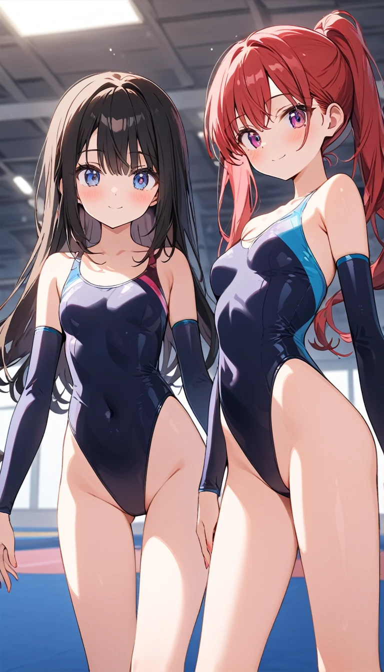 expensivequality illustration, masterpiece, very delicate and beautiful, attractive girl,(gymnastics leotard,tight leotard,length_sleeve leotard,expensive_leg leotard,athletic leotard),thin,slender body,slim,expensive school,gymnastics club,2 girls,bare legs,gymnasium background,princess, beautiful eyes, light smile,highres, extremely detailed CG unity 8k wallpaper, perfect lighting, ultra-high res,cowboy shot