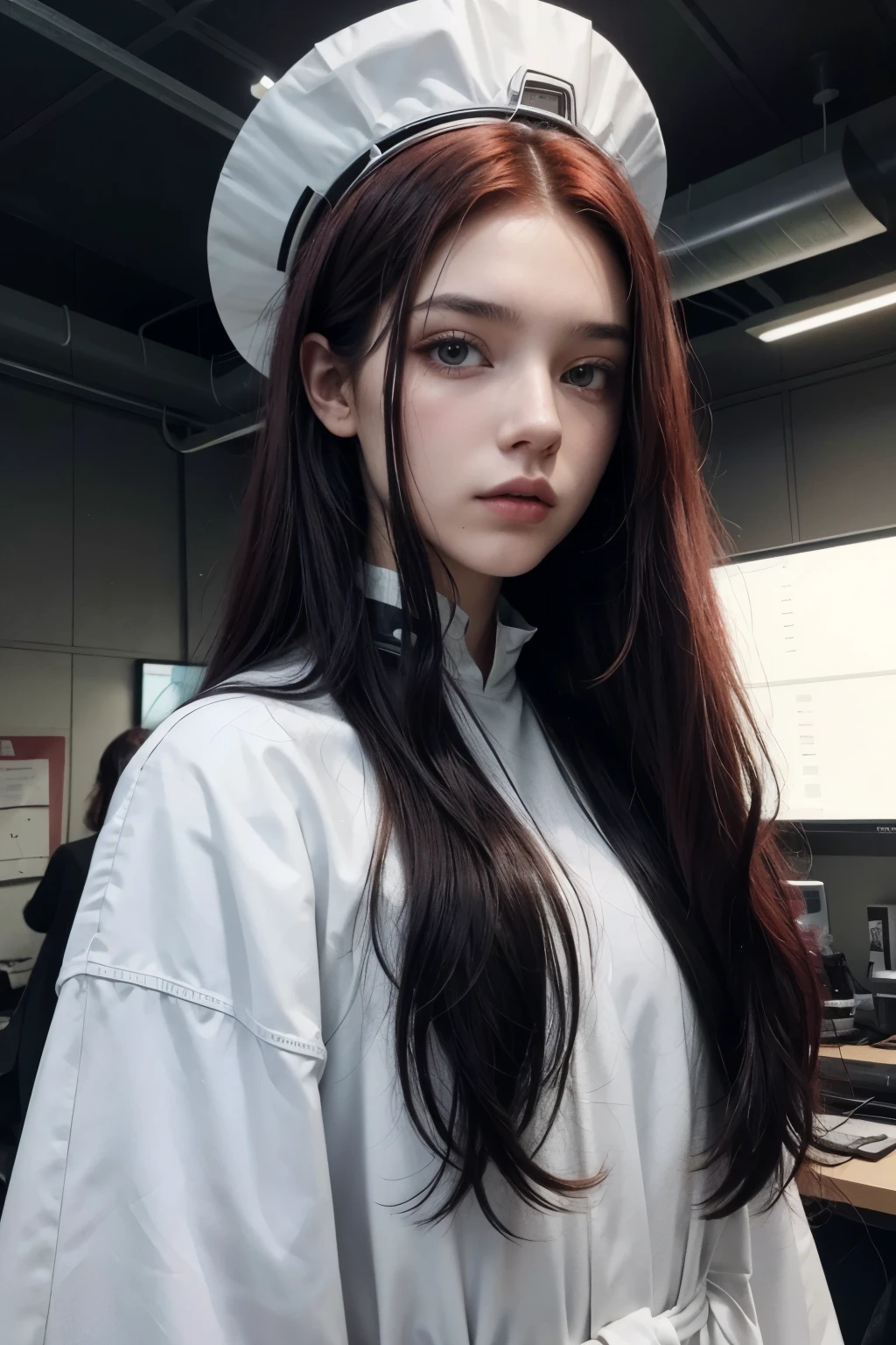 An 18 year old teenager with long black hair, beautiful indigenous features who looks like Jacob, Red-haired twins, a red-haired man in futuristic white clothes.. a black woman in black clothing and a black oxygen mask, scientists. A post apocalyptic land 