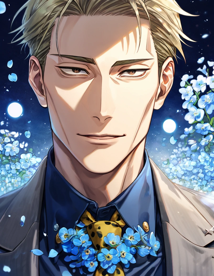 absurdres, highres, ultra detailed, HDR, master piece, mi Kento, blond hair, expressive brown eyes, Jujutsu Kaisen, sexyn, handsome, best quality, blue moon, forget-me-not flowers, fantasy, magical, solo, blue water, blue shining fireflies, blue petals, gray suit, blue shirt, yellow necktie, handsome smile, blue dust