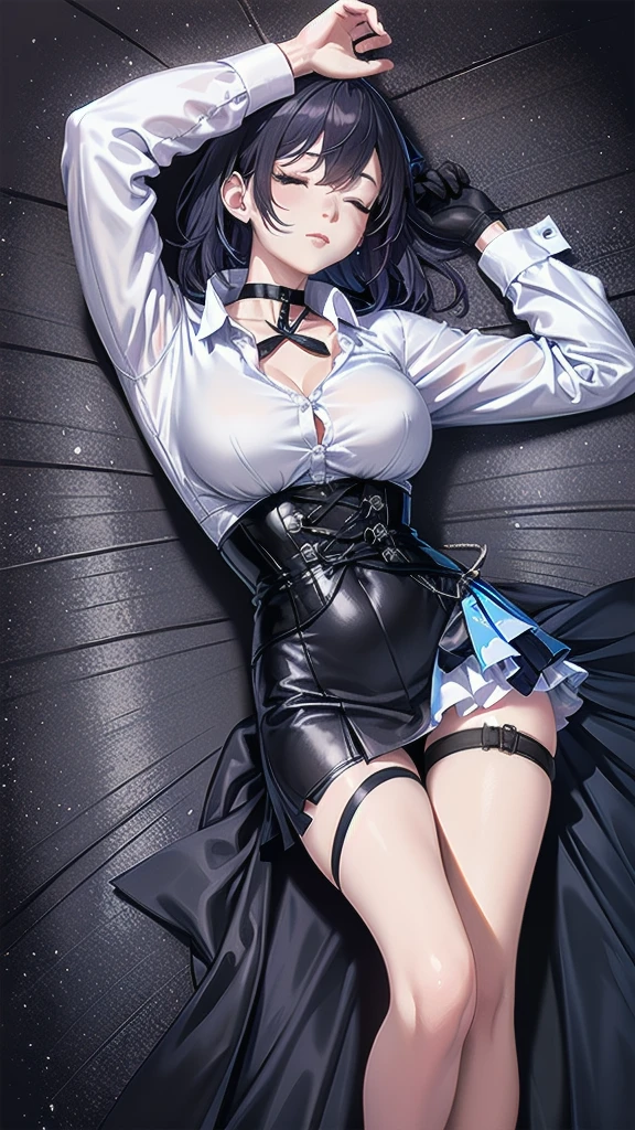 Masterpiece, Beautiful art, professional artist, 8k, Very detailed face, Detailed clothing, detailed fabric, 1 girl, Soul Fullness \(Honkai Impact 3rd\), View from above, lying on the ground, BIG BREASTS, perfectly drawn body, sleeping expression, pale skin, beautiful face, short dark blue hair, Closed eyes, pink cheeks, choker:1.6, (white long sleeve button down shirt with white collar), black gloves, gloves that cover hands, (black leather corset), (shiny black tight mini skirt), Sensual Lips , winter night, looking at the viewer, dark forest, Atmosphere, fog, At night