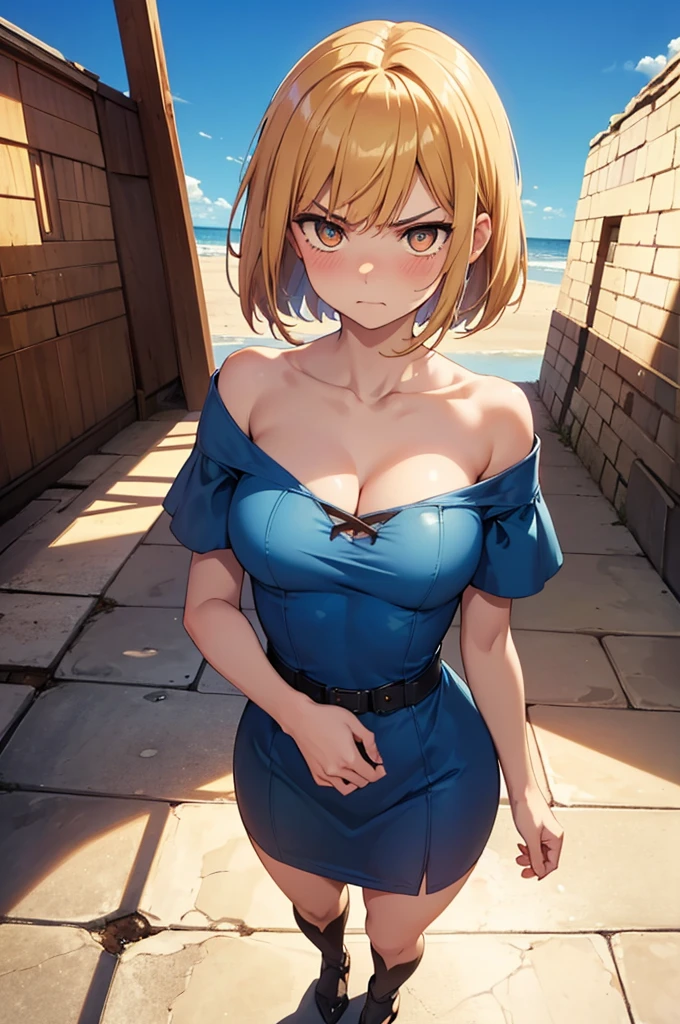 NSFW, 1Woman, ((best quality)), ((masterpiece)), (detailed), beautiful face, (((angry expression))), (defiance512:1.2), (((short hairstyle))), (((blue dress outfit))), (((plain sky background))), big green eyes, ((blush cheeks)), evil grin dominant expression, (((standing dominant pose))), (((blonde hair colour))), (((bright glowing hypnotic brown eyes))), (((skinny figure))), intense seductive gaze, contrasting soft skin, (lighting:1.2), 4:3 aspect ratio, full body, medium-size concealed