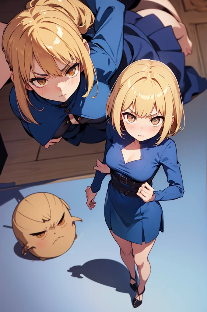 NSFW, 1Woman, ((best quality)), ((masterpiece)), (detailed), beautiful face, (((angry expression))), (defiance512:1.2), (((short hairstyle))), (((blue dress outfit))), (((plain sky background))), big green eyes, ((blush cheeks)), evil grin dominant expression, (((standing dominant pose))), (((blonde hair colour))), (((bright glowing hypnotic brown eyes))), (((skinny figure))), intense seductive gaze, contrasting soft skin, (lighting:1.2), 4:3 aspect ratio, full body, medium-size concealed
